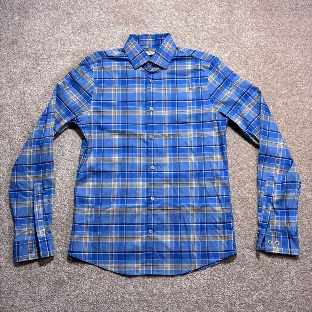Michael Kors Men’s Blue Gray Plaid Button-Up Shirt, Long Sleeve Slim Fit, Size S